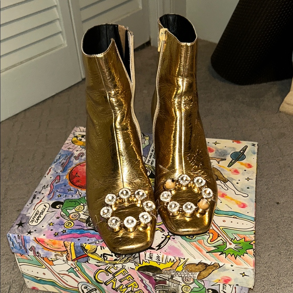 Jeffrey Campbell Gold Ankle Boots with Crystal Embellishments